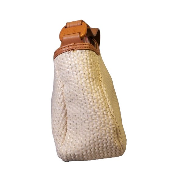 Fossil Woven Straw Baguette Bag Purse Tan Leather Wooden-Key Boho Coastal - Picture 5 of 9